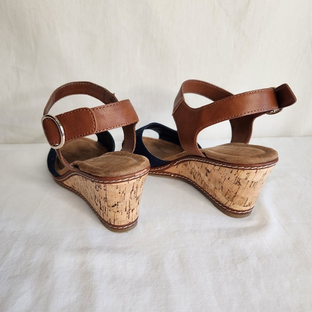 SOLD!!!  Pesaro Wedge Espadrille Sandals Navy Brown Leather Size 10 Cottage - Picture 5 of 6